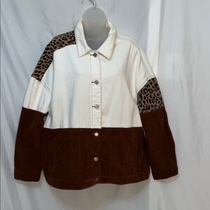 Leopard Patchwork Women's Jacket - White and Brown Animal Print Size XL